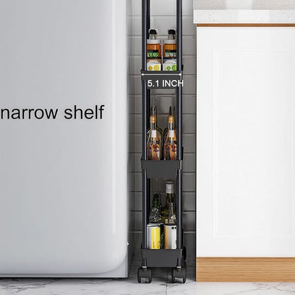 Sooyee 4 Tier Slim Storage Cart, Black | Rolling, Narrow Shelf, Mobile Shelving Unit Organizer, For Kitchen, Bathroom, Laundry Room