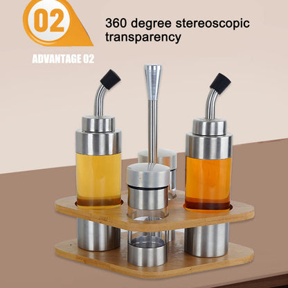 4-Pack Stainless Steel Kitchen Dispenser Set with Wooden Holder - Precision Olive Oil, Vinegar, Salt & Pepper Bottles for Home & Restaurants