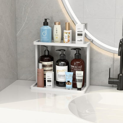 PEKER Bamboo Bathroom Organizer Countertop – Small Vanity Storage Shelf for Makeup, Perfume, Skincare – Natural Cosmetics Display Rack for Dresser, Sink, Kitchen –White