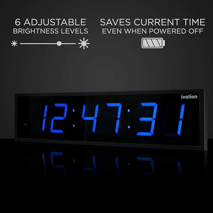 Ivation Oversized Large Digital Wall Clock - Big LED Digital Clock w/Large Display & Durable Aluminum Frame, Shelf or Wall Mount (36 Inch - Blue) 6 Brightness Levels | Time Memory | Remote