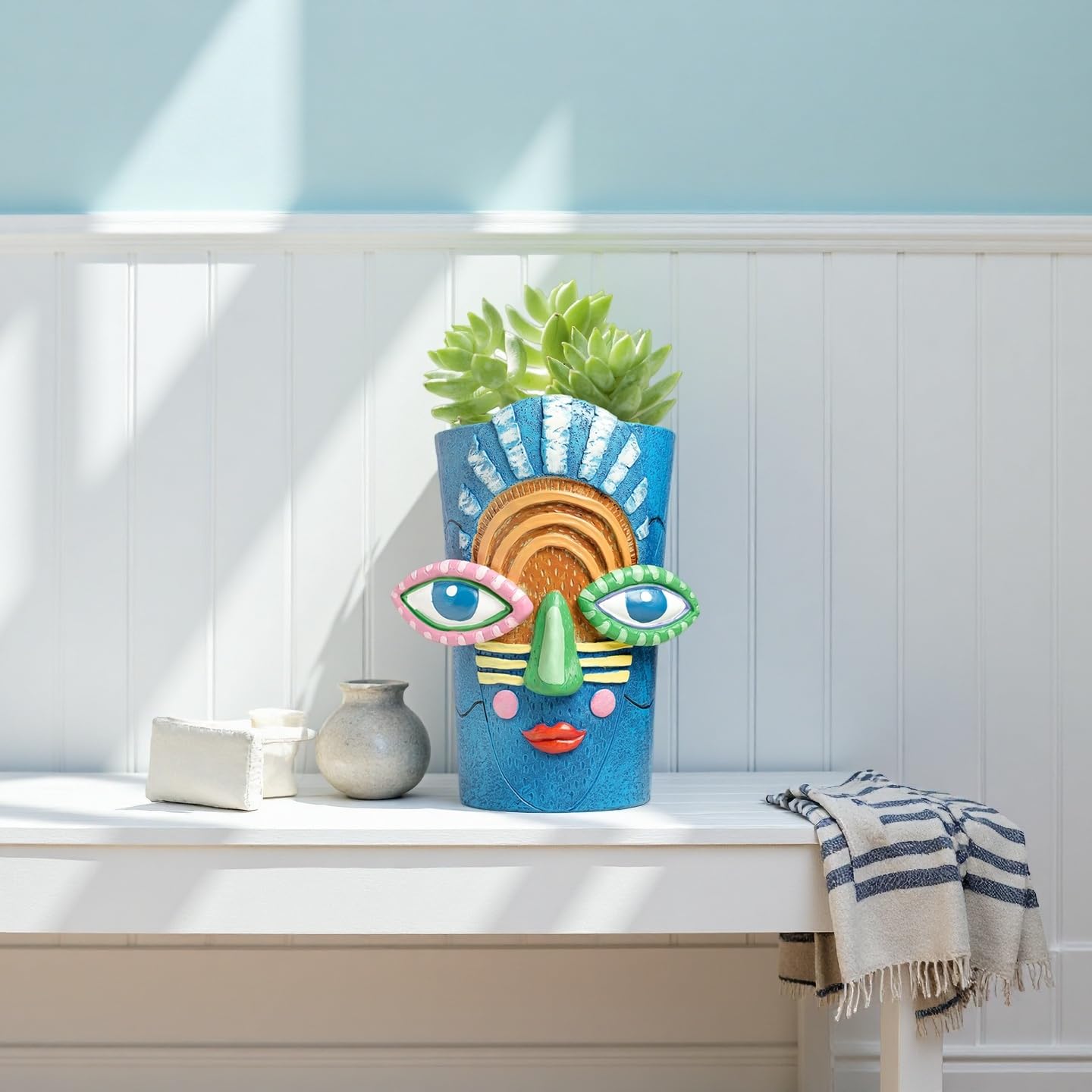 Yhupl Picasso Abstract Face Flower Pot,Plant Pot with Facial Expressions,Handmade Resin Plant Pot with Drainage Holes,for Indoor and Outdoor Botanical Home décor (Blue Large)