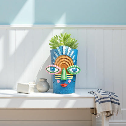 Yhupl Picasso Abstract Face Flower Pot,Plant Pot with Facial Expressions,Handmade Resin Plant Pot with Drainage Holes,for Indoor and Outdoor Botanical Home décor (Blue Large)