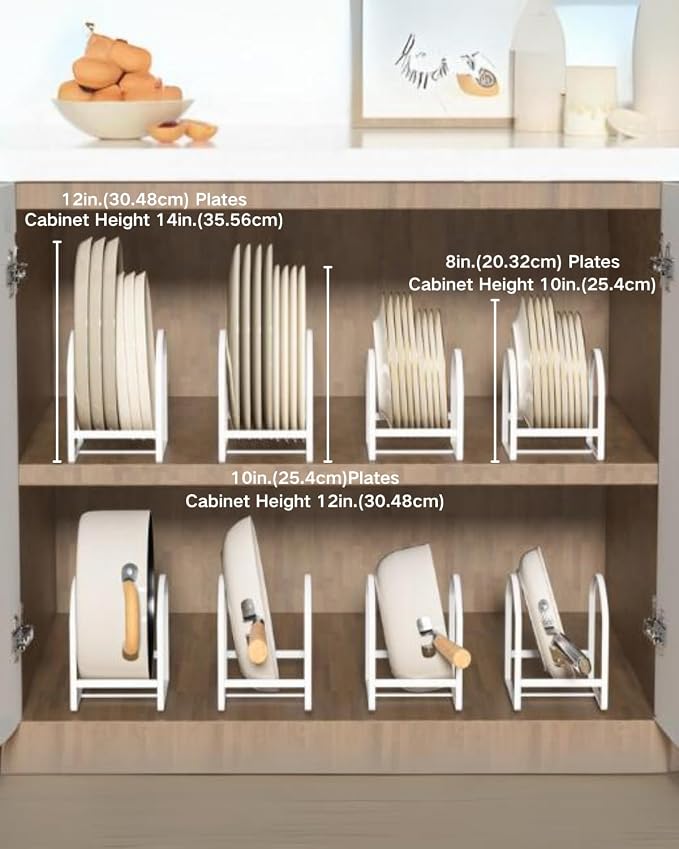 4 Pack Kitchen Plate Holder Organizer for Cabinet Space Saver Dinner Dish Storage Rack Upright Dish Drying Racks Metal Plate Dish Racks Stand for Cupboard and Countertop 2 Large 2 Small White