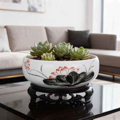 VICASKY White Ceramic Hydroponic Planter Bowl with Plastic Base - Oriental Lotus Shape Flower Pot for Daffodils, Water Plants, Lucky Bamboo & Home Decor