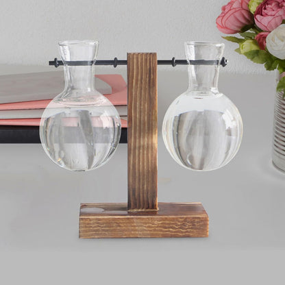 VALICLUD 3Pcs High Borosilicate Glass Flower Vases with Holes and Wooden Stand, Hydroponic Plant Propagation Jars for Indoor Terrarium and Floral Arrangement