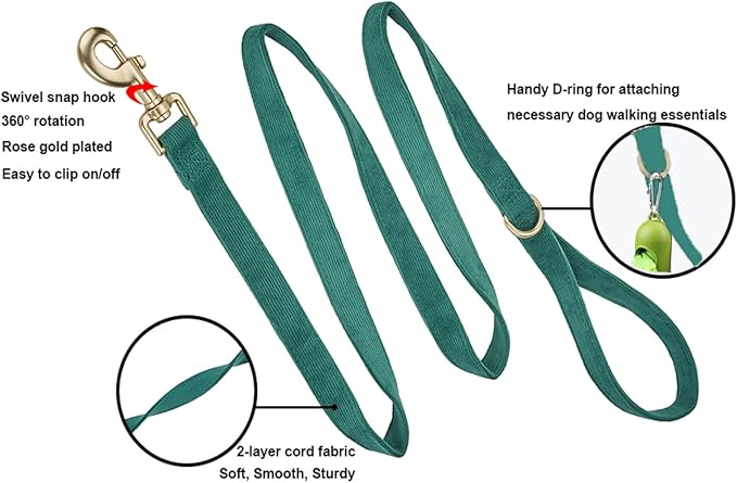 Soft Corduroy Dog Collar and Leash Set Adjustable Durable Dog Collars with Metal Buckle and Lead for Small Dogs,Dark Green