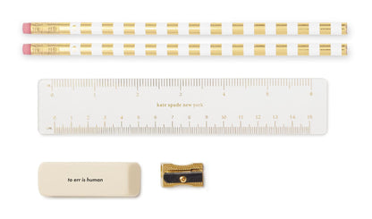 kate spade new york Pen and Pencil Case with Office Supplies, Zip Pouch Includes 2 Pencils, Sharpener, Eraser, and Ruler, Polka Dots (black/white)