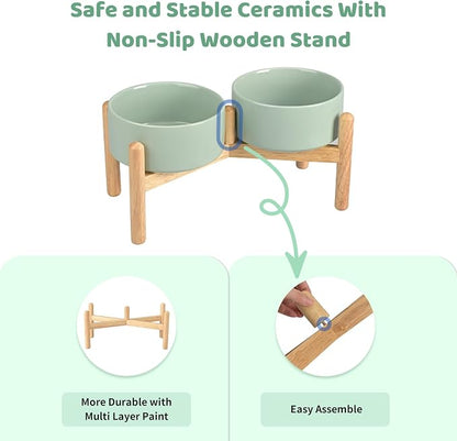 SPUNKYJUNKY Ceramics Raised Dog Bowls with Wooden Stand - Elevated Bowls for Small Medium Dogs (Double 28.7OZ, Light Green)