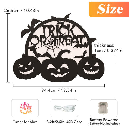 Halloween Pumpkin Lights, LED Connected Jack O Lantern With Light Up Green Moon, Bat Spider Web & Trick or Treat Wording, USB & Battery Powered With Timer, Halloween Decorations Kids Wall Window Art