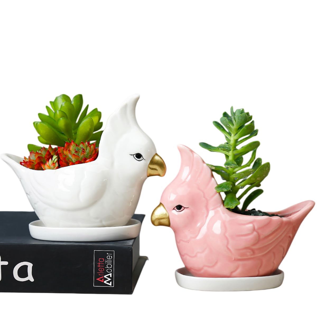 ourhommie 5.6Inch Parrot Succulent Planter Cute Bird Ceramic Pot White Small Porcelain Bonsai Pots Cactus Flowerpot Air Plant Holder Display Container for Home Office Desk Windowwill Decor, No Plants
