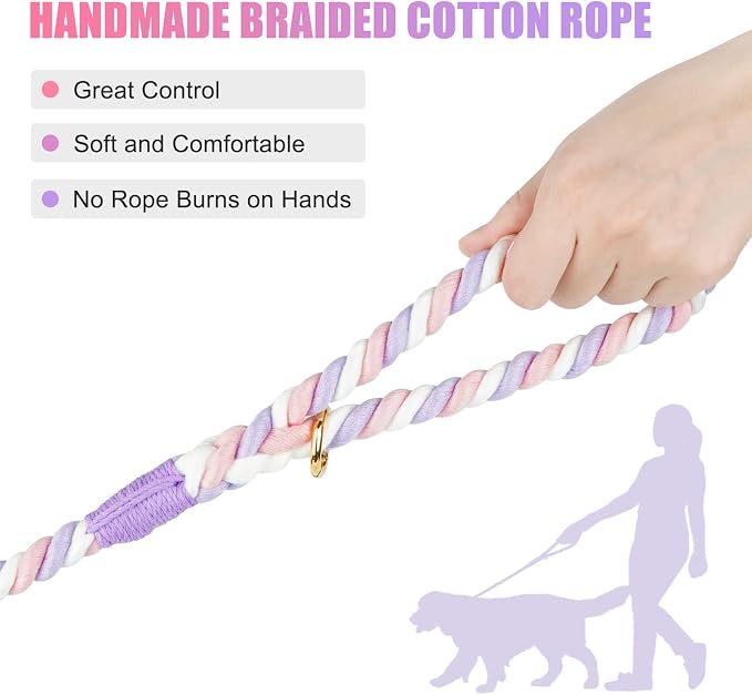 Dog Leash 5 FT Handmade Braided Cotton Rope Leashes for Small Medium and Large Dogs, New Golden Heavy Duty Metal Clasp, Unicorn Purple