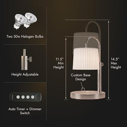 Dimmable Glass Candle Warmer Lamp with Timer - Adjustable Height Candle Lamp Warmer with Timer (8H/4H/2H) - Wax Melter - Ideal Gift, fits Various Size Scented Candles - 02 Bulb - (Brushed Nickel)