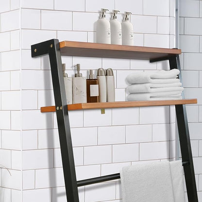 Space Saving 100% Solid Wood 6-Tier Blanket Ladder with Two Storage Shelves - Black/Sweet Oak
