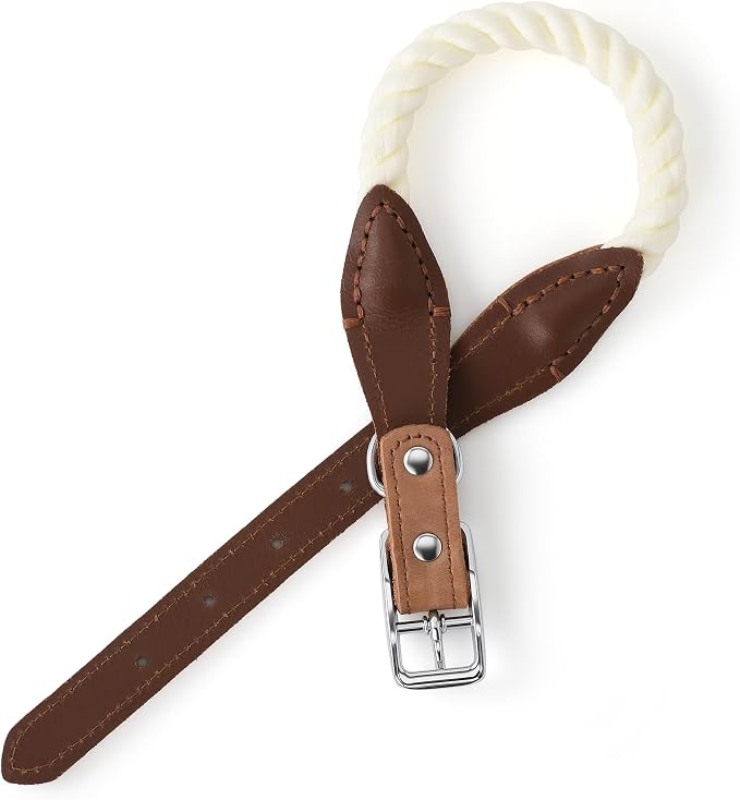 Mile High Life Genuine Leather Dog Collar, Durable Braided Cotton Rope Collar with Metal Pin Buckle for Small Medium Large Dogs (Cream, L Neck 17"-21")