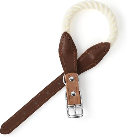 Mile High Life Genuine Leather Dog Collar, Durable Braided Cotton Rope Collar with Metal Pin Buckle for Small Medium Large Dogs (Cream, L Neck 17"-21")