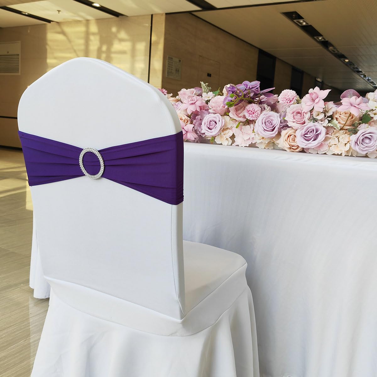 Albassa Chair Sashes Spandex Stretch Chair Bows with Buckle Slider for Wedding Party Decorations (Purple, 25PCS)