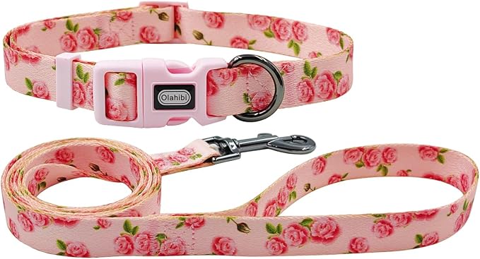 Dog Collar Leash Set, Floral Pattern, Polyester Material, Adjustable Collar and 5ft Matching Leash, for Small Dogs.(S, Pink Rose)