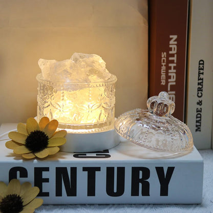 GUOCHENG Himalayan Salt Table Lamp with Natural Crystal Chunks, Wood Lamp Base with Glass Cup LED USB Salt Rock Lamps for Spa Bar Yoga Night Sleep Light, Gift Box(White)