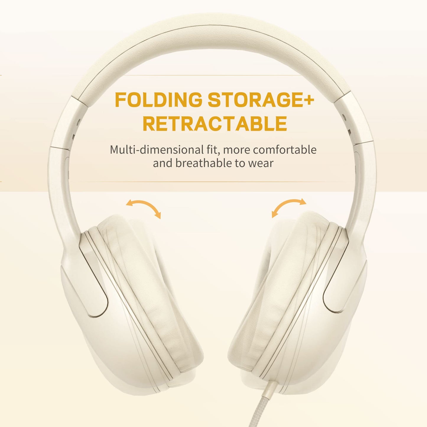 LORELEI E5 Wired Headphones for Kids Foldable & 3.5mm Jack Tangle Free Nylon Wire Stereo On Ear Headsets for Kids/Children/School/Tablet/Ipad/Kiddle/Plane (Beige White)