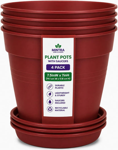 Mintra Garden Pots, 4 Pack Bulk Plastic Plant Pots with Drainage Tray, Round Indoor & Outdoor Decorative Planters with Drain Holes for Flowers, Herbs & Plants, 19cm Diameter – Burgundy, 7.5 in