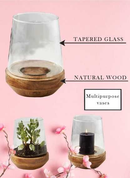 Serene Spaces Living Glass Hurricane with Natural Wood Base, Decorative Candle Holder, Glass Terrarium Vase, Bud Vase, Potpourri Container, Wedding, Event, Home Decor, 7.75" Diameter & 9.75" Tall