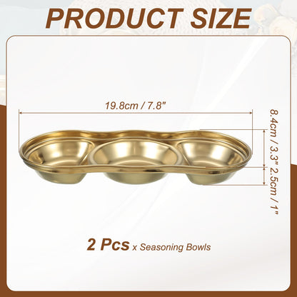 uxcell 3 Inch Mini Stainless Steel Sauce Dish, 2 Pcs Round Seasoning Bowls Appetizer Plates Condiment Bowl for Salad Side Dishes Sushi Dipping Ketchup, Gold 3-Compartment
