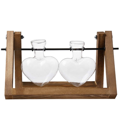 Kingbuy Glass Desktop Planter with Retro Wooden Stand and Plant Terrarium Vase (2 Hearts) for Indoor Home Office Desk Decor Accessories
