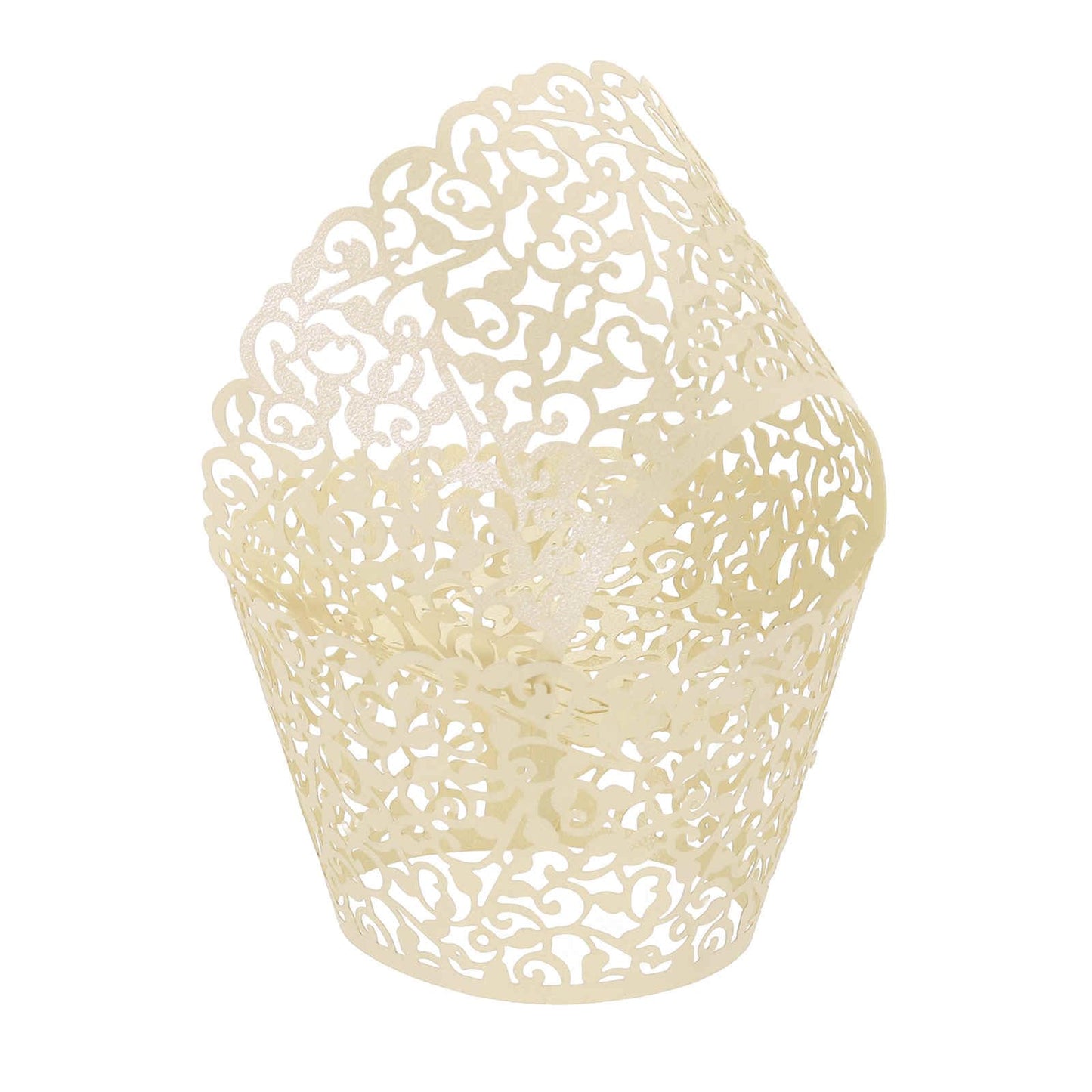 HARFINGTON 50 Pcs Lace Cupcake Liners Standard Vine Designed Hollow Out Cupcake Wraps Artistic Bake Cake Paper Cups for Anniversary Birthday Weddings Parties, Light Yellow
