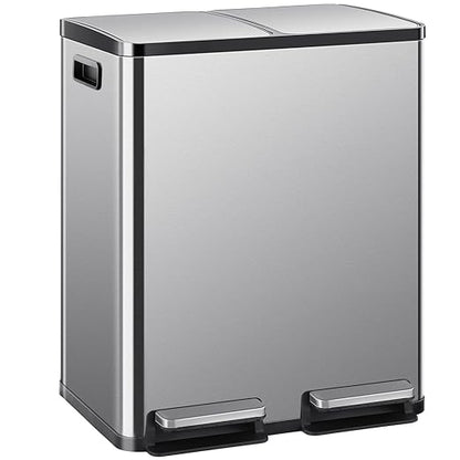 DUMOS Kitchen Trash Can, 2x8-Gallon Dual Trash Can with Lid, Stainless Steel Garbage Bin with 2 Removable Inner Buckets, Soft-Close Foot Pedal, Fingerprint-Resistant for Kitchen, Home, Office