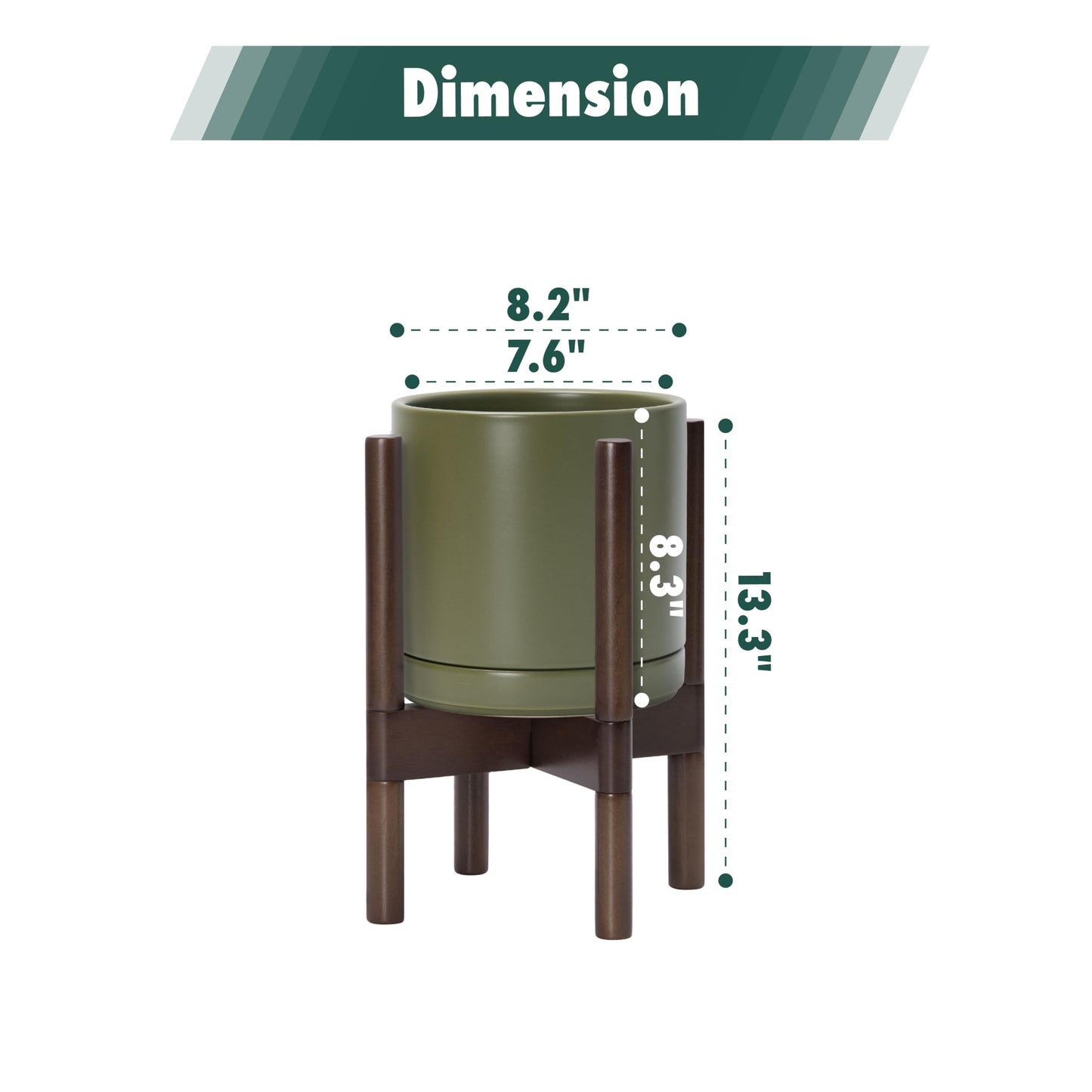 D'vine Dev Ceramic Planter with Walnut Color Stand - 8 Inch Modern Round Flower Pot with Wood Planter Holder, Olive, 55-B-Y-J