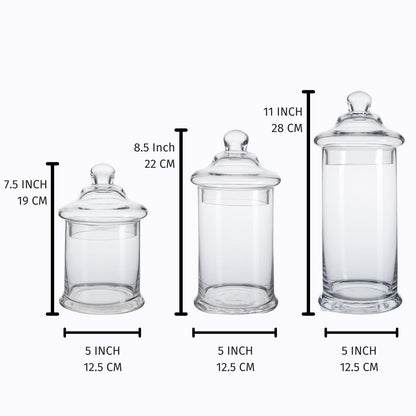 Glass Apothecary Jars with Lids, Set of 3 - Bathroom Storage Organizer for Qtips, Cotton Balls, Bath Salts, Candy, Kitchen & Home Decor (11", 8.5", 7.5" Heights)