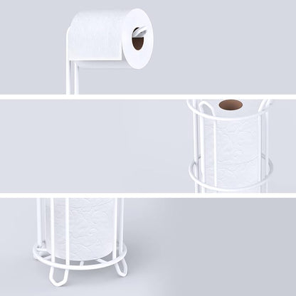 Meangood Toilet Paper Holder Stand and Tissue Paper Roll Dispenser for 4 Mega Rolls, Bathroom Free Standing Tissue Roll Storage Holder Rack, Metal Wire (White)