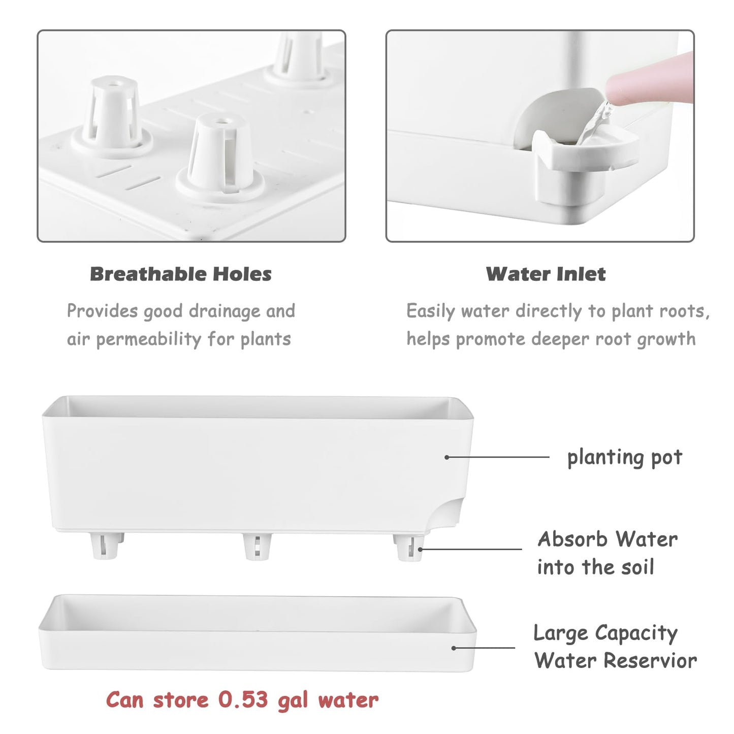 2 Pack Self Watering Pots for Indoor Plants 17 Inches Window Boxes Planters Rectangular Flower Pots Rectangle Herb Pots Large Plant Pots with Drainage Holes and Saucers Windowsill Planter, White