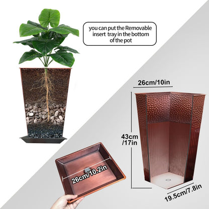 Megawodar 2 Pcs Pack Metal Tall Tapered Planter Pots Steel Large Square Planter Flower Pot with Drainage Holes for Indoor Outdoor Deck Porch Garden Home Patio Front Door (Glossy Copper, 28" H.)
