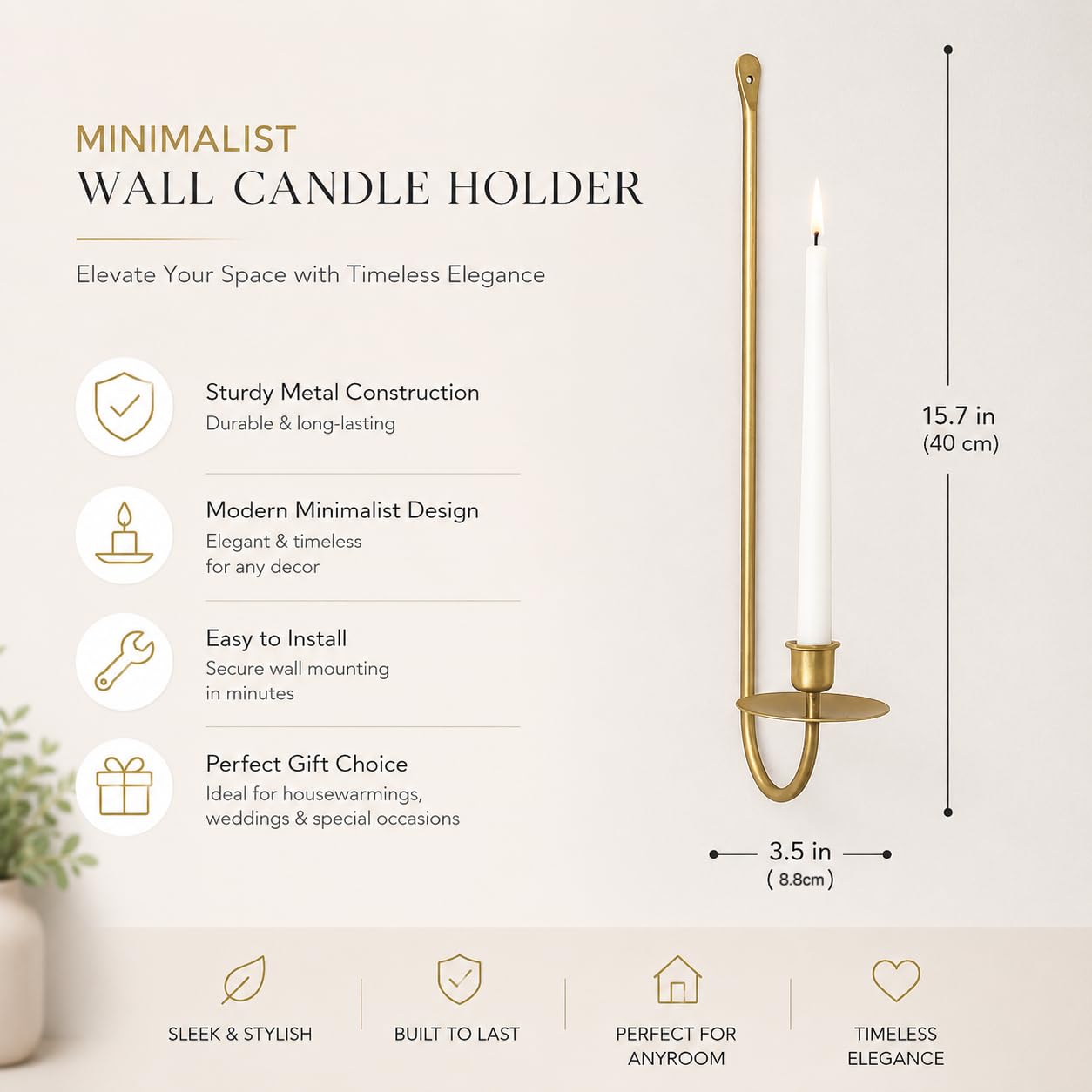 Remenna Wall Candle Holders Set of 2 Handcrafted Wrought Iron Sconces with Gold Finish, Easy to Install Modern Candle Holders for Living Room, Bedroom, Hallway, Wedding or Holiday Decor