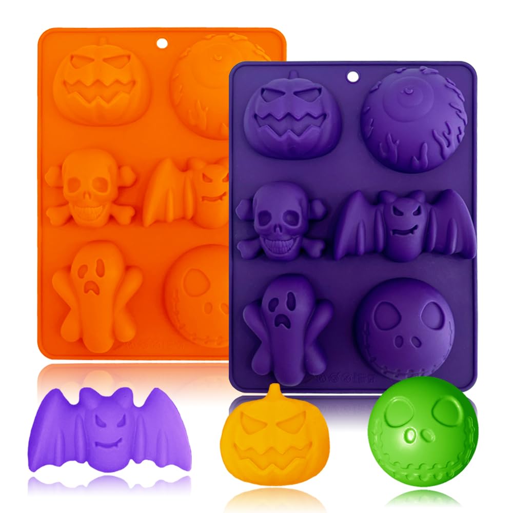 2 Pack Halloween Silicone Molds 6 Cavity Halloween Themed Molds Baking Mould Tray DIY Baking Tool for Aromatherapy Candles Chocolate Pudding Dessert Jelly Soap Cupcake Topper for Halloween Party Treat