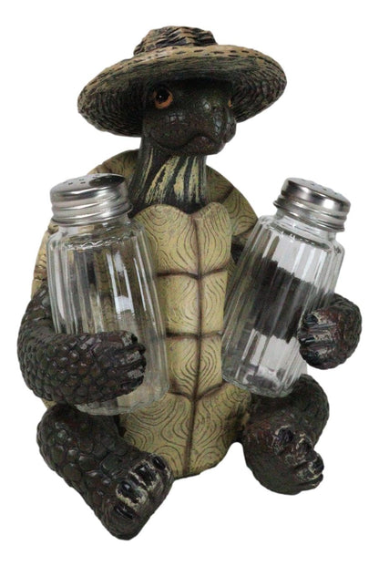 Ebros Slow Seasons Outdoors Camping Turtle With Wicker Hat Salt And Pepper Shakers Holder Figurine 7"H Turtles Tortoise Tortoises Themed Decor Animal Reptile Ocean Nautical Sea River Animal Sculpture