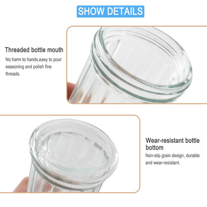 RUIQINQI 12 oz Retro Style Glass Sugar Shakers Dispenser, Glass Jar, Sugar Shaker, Stainless Steel Pour-Flap Lid, For Sugar/Cinnamon/Bee Pollen/pepper and other spices (Perforated Lid-1pc)