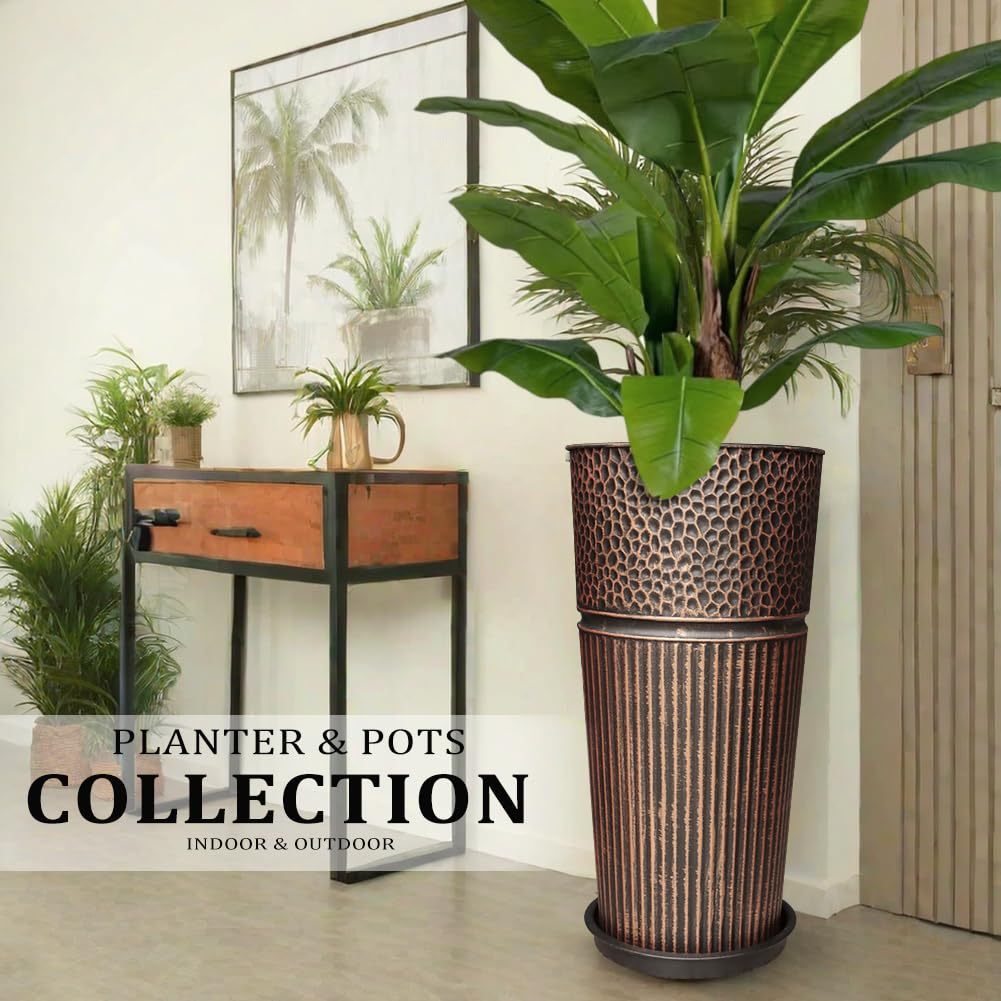 Megawodar 2 Pcs Pack 22 Inches Metal Tall Tapered Planter Pots Large Round Planter Flower Pot with Drainage Holes for Indoor Outdoor Deck Porch Garden Home Patio Front Door (Antique Copper, S)