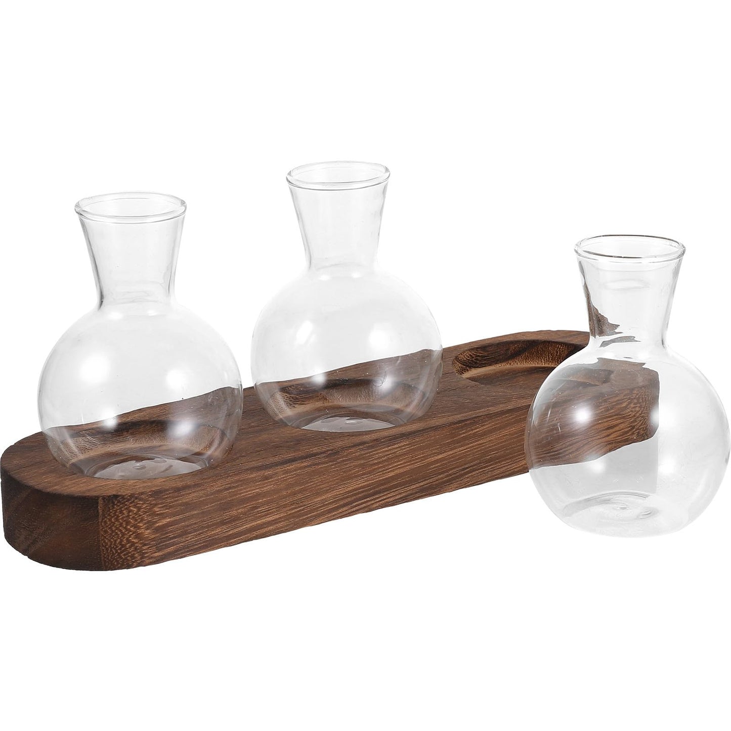 LALAFINA Glass Hyacinth Vase with Wooden Base, Hydroponic Table Glass Flower Container for Office and Living Room Decoration, 3pcs Set Terrarium for Indoor Plants