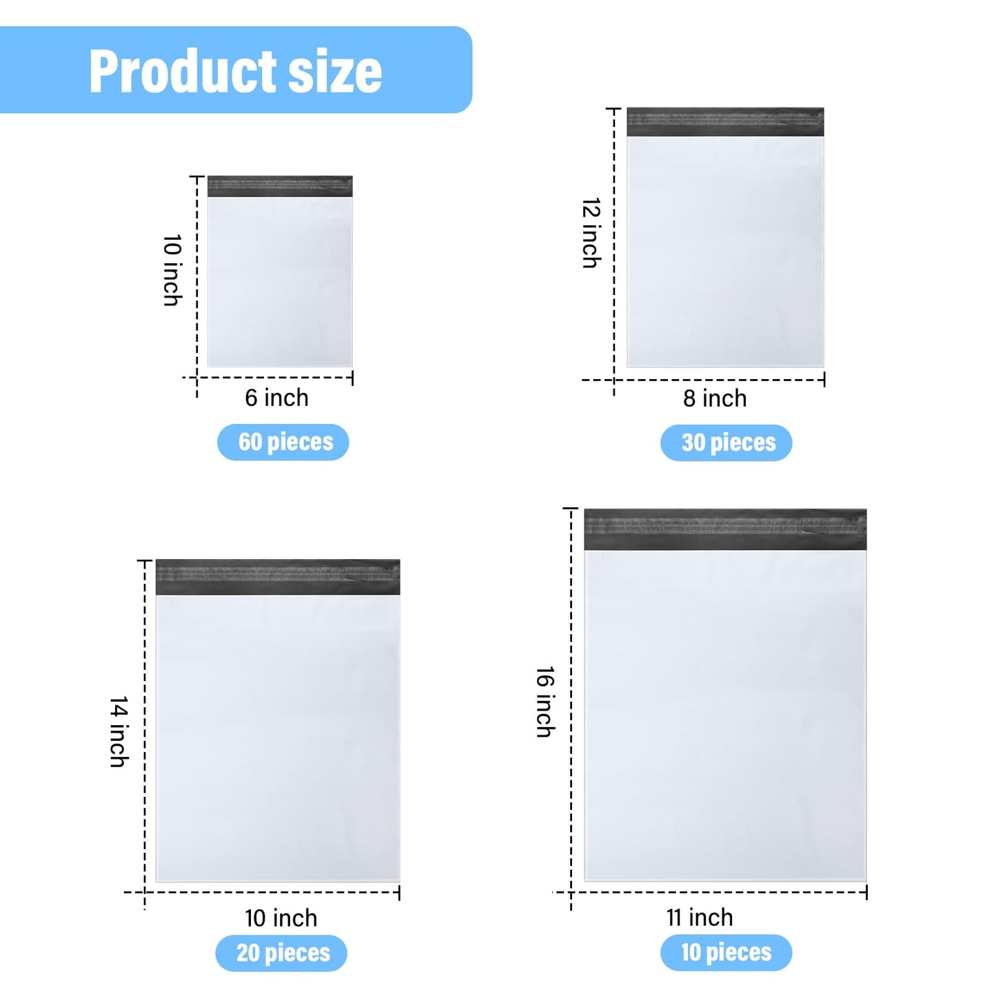 Outus 120 Pcs Poly Mailer Envelope 4 Sizes Shipping Bags Self Adhesive Clasp Envelope Self Adhesive Tear Proof Mailing Covers(6 x 10 In, 8 x 12 In, 10 x 14 In, 11x 16 in,White)