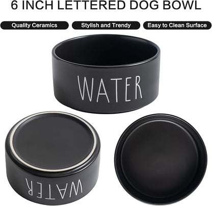 Ceramic Dog Bowls Set of 2 - Weighted Dog Dishes with Food & Water Lettering for Small and Medium Dogs, Food Grade Pet Bowl, Dishwasher & Microwave Safe (6 inch, 2 * 30oz, Black)