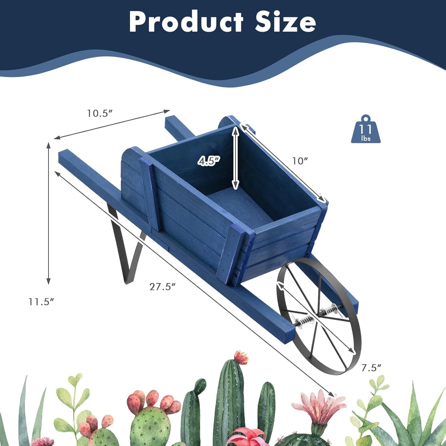 HAPPYGRILL Wooden Wagon Planter, Small Flower Planter Box w/Triangular Metal Support, 2 Energy-Saving Handles, Movable Wheel, Wood Wheelbarrow Cart Pot for Garden Backyard Holiday (Blue)
