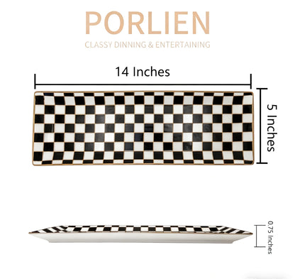Porlien 14-inch Checker Black and White Rectangle Serving Platters Set of 3 for Party, Wedding and Entertaining, Rectangular Serving Plates, Serving Tray for Dinner, Appetizers and Desserts