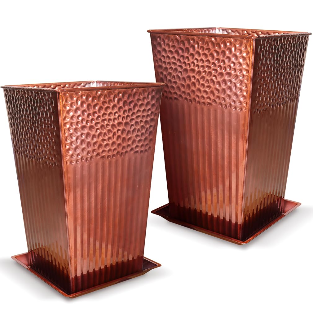Megawodar 2 Pcs Pack Metal Tall Tapered Planter Pots Steel Large Square Planter Flower Pot with Drainage Holes for Indoor Outdoor Deck Porch Garden Home Patio Front Door (Glossy Copper, 28" H.)