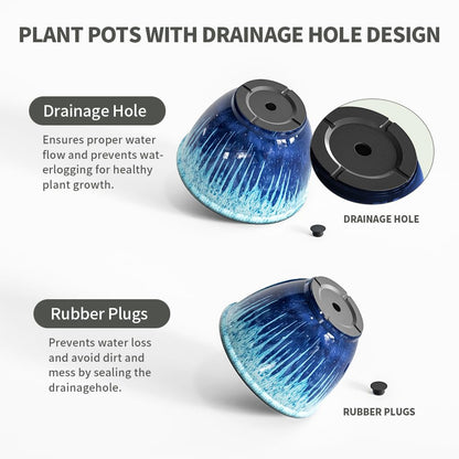 Flower Pots, 8 Inch Plastic Plant Pots for Plants, Set of 4 Planter for Indoor Outdoor Plants with Drainage Hole, Sleek Small Nursery Planting Pot for Home Garden Outdoor Planters(Blue Glaze)