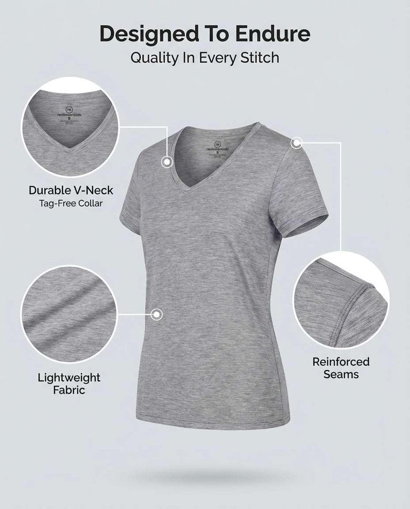 Real Essentials 5 Pack: Women's Dry-Fit Short Sleeve V Neck T Shirt Workout Fitness Yoga Top Tee, Set 1, M