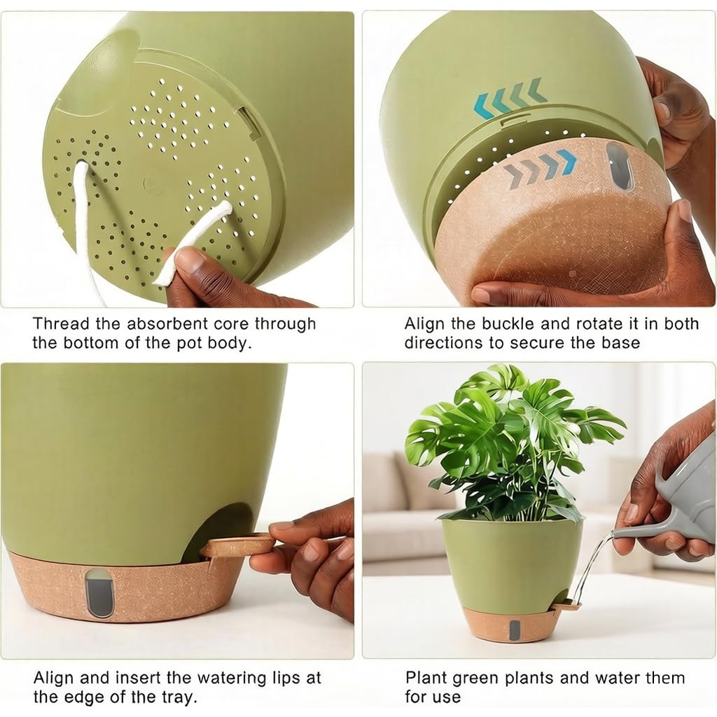 moniko Plant Pots 12/10/9/8 Inch Self Watering Pots, Plastic Flower Pots with Multi Mesh Drainage Holes and Water Level， Nursery Planting Pot for Indoor Out Door Plants（Green）