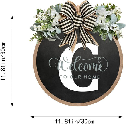 Last Name All Year Round Front Door Garland, Rustic Round Wood Wreaths wall Hanging Outdoor, Farmhouse, Porch, for Spring Summer Fall All Seasons Holiday Halloween Christmas (C)