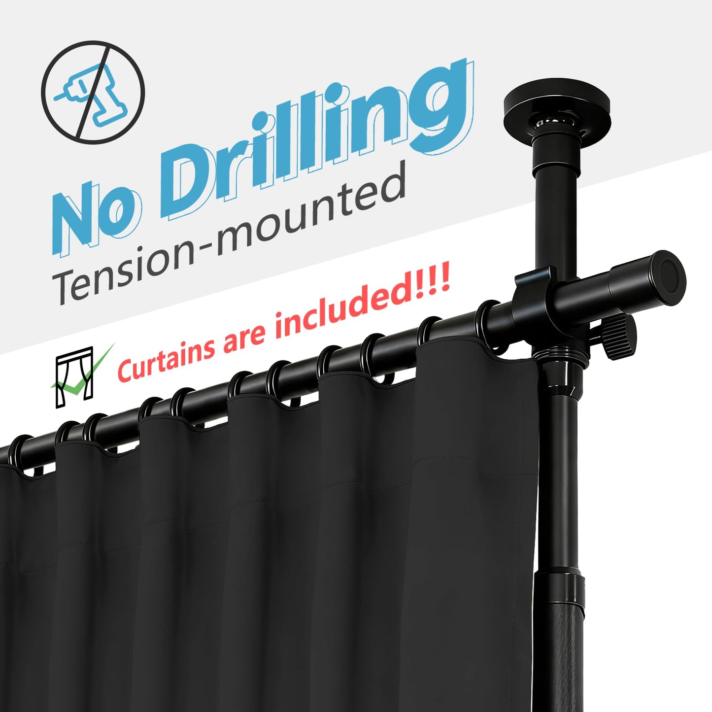 JILRON No-Drill Room Divider Curtain Set: Includes 106" W x 84" L Black Curtain & Adjustable Pole Brackets (35-100" W x 43-120" H Adjustable Range)